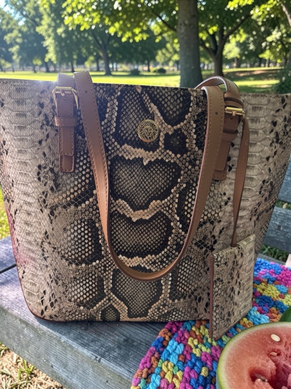 Anne Klein Python Print Tote Snake Embossed Shoulder Bag Neutral Tan Brown